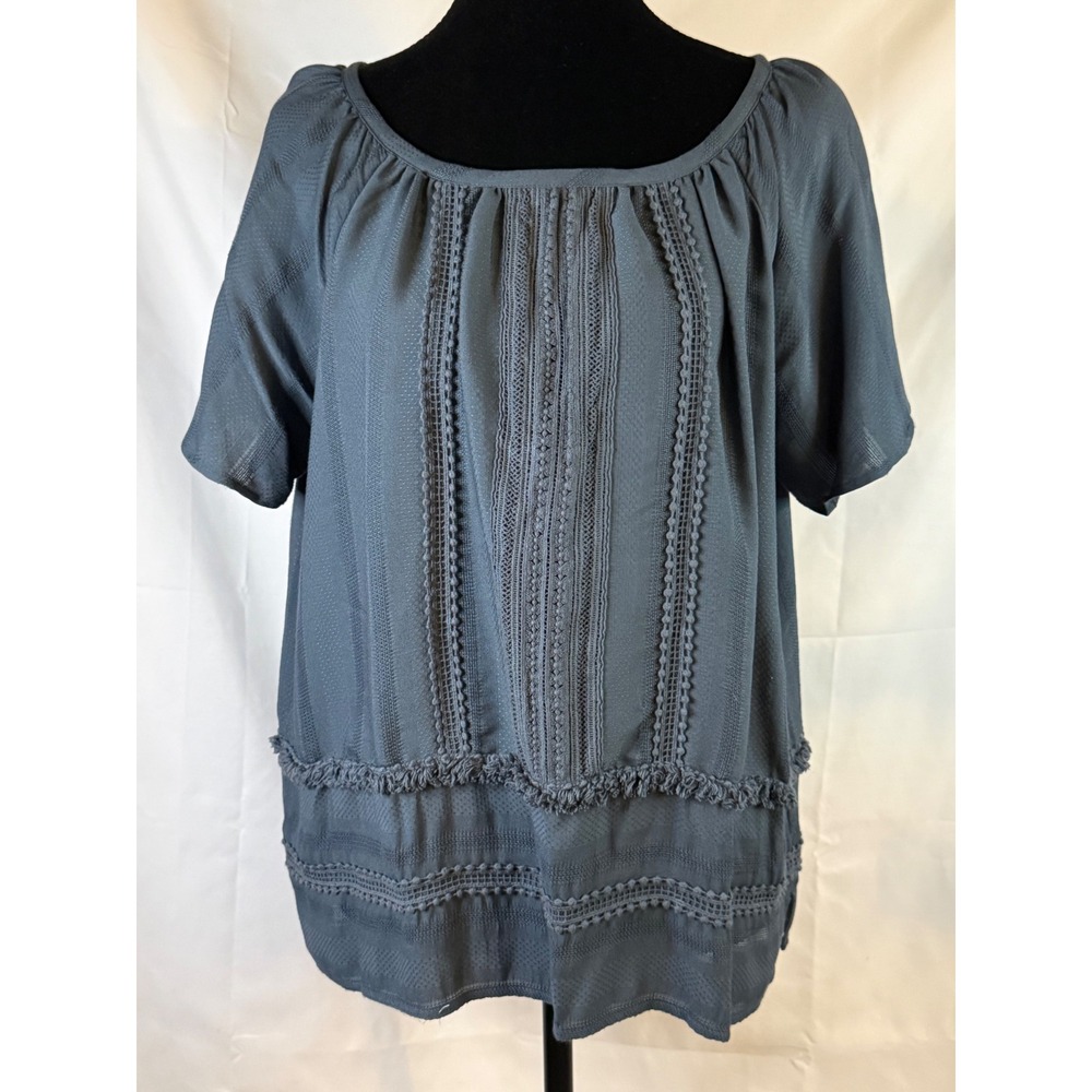 Loft Petites Blue Grey Crochet Lace Fringe Blouse Short Sleeve Top LP